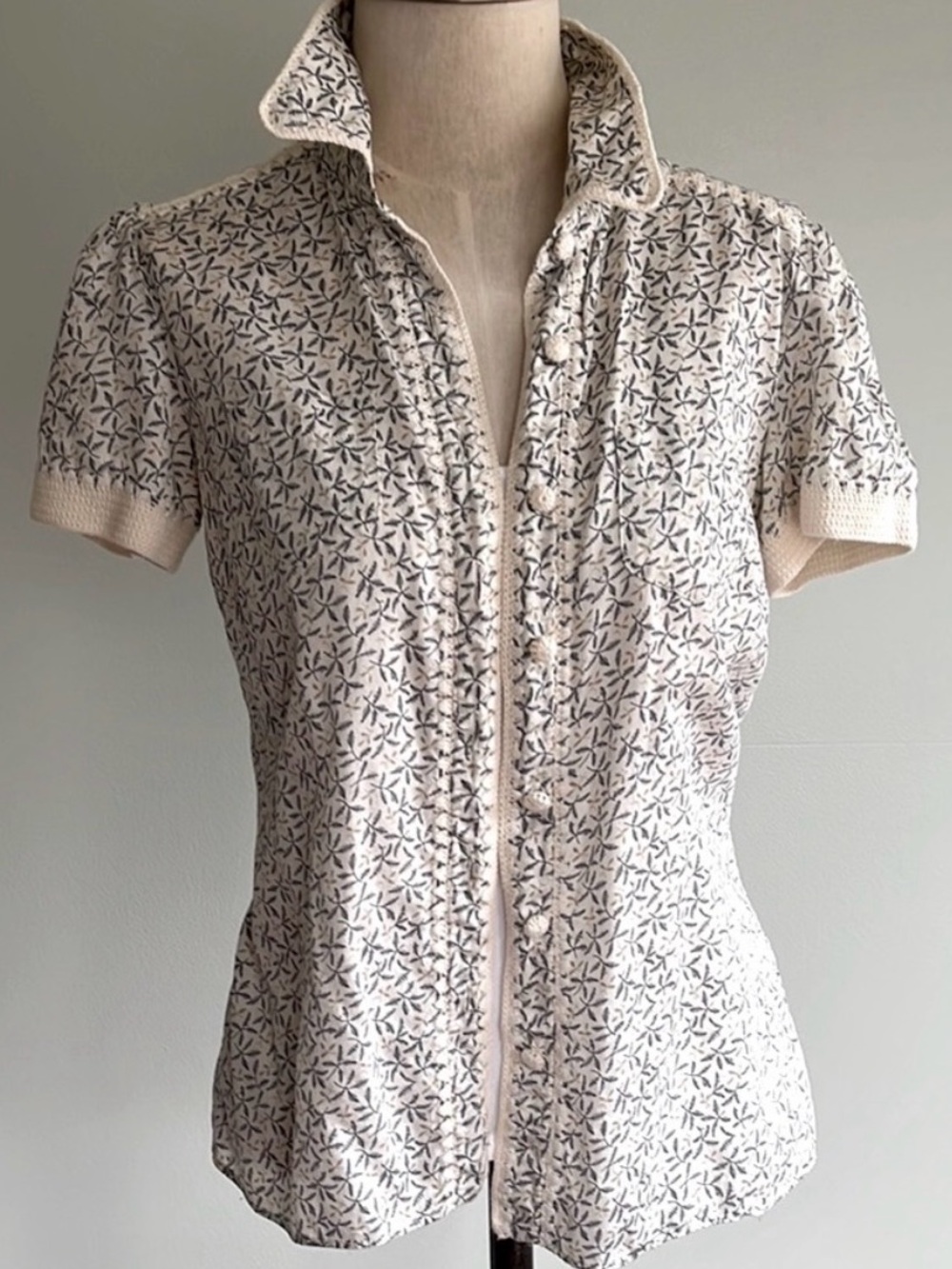 J. Jill XS Botanical Print Crochet Trim Button Front Blouse Cottage Boho